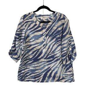 JM Collection Linen Women Top Blue Zebra Print 3/4‎ Sleeve Button Accent Size 14